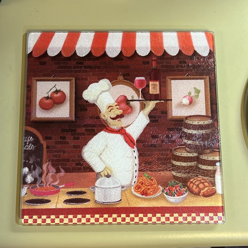 Adorable! Glass Trivet Set. La Chef and Wine.